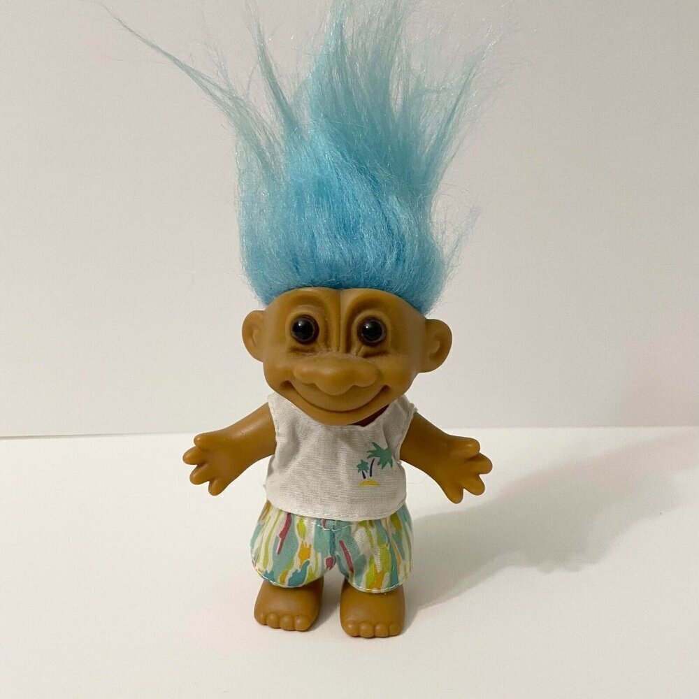 Vtg Russ Troll Doll Blue Hair Hawaiian Beach Style Shirt With Palm Trees 4 Inch